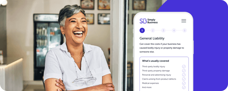 Simply Business female worker laughing. Next to her is an illustration of a general liability insurance registration process.