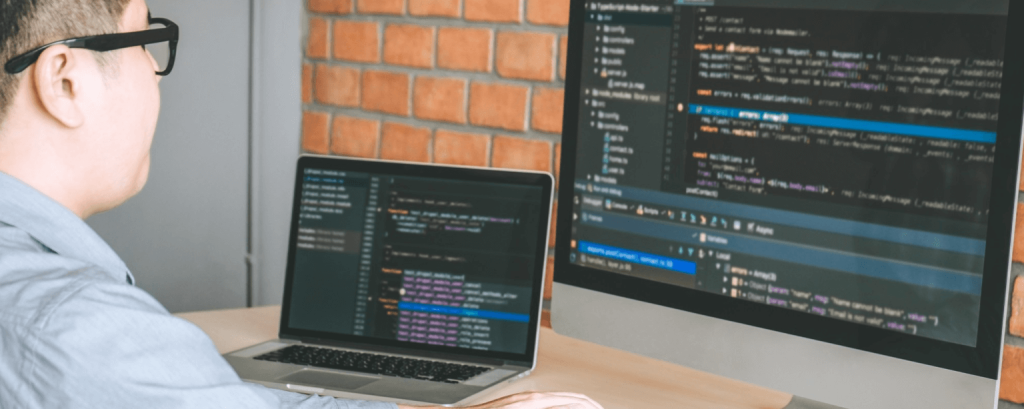 Programmer works in text editor