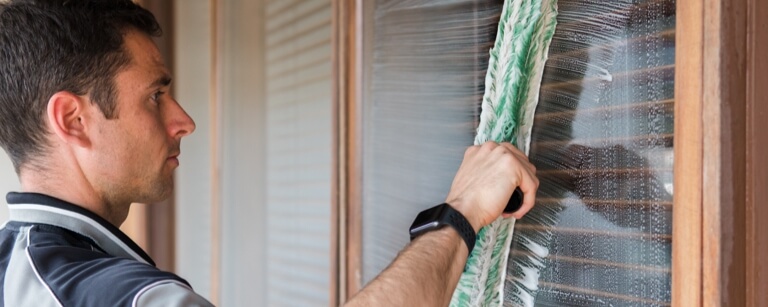 Window cleaner working on residential property exterior