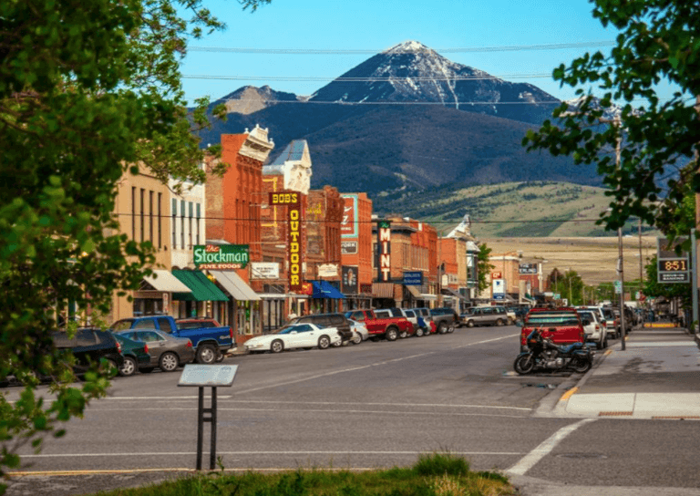 view of small town main street with mountains in the background in Montana