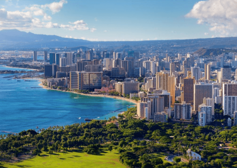 aerial view of a city overlooking beach in Hawaii 