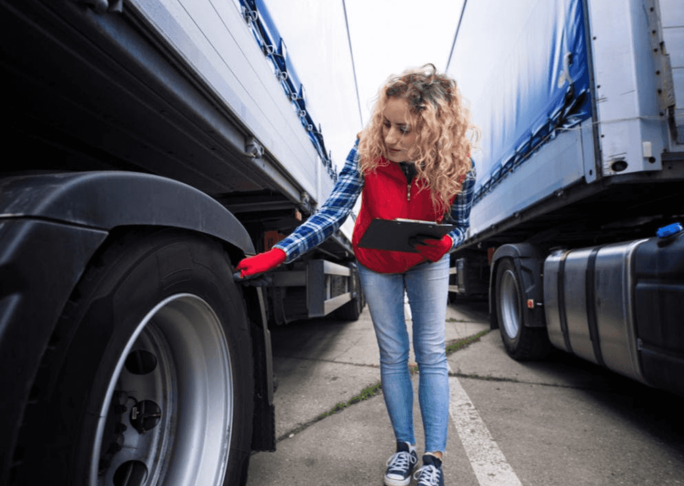 woman examines truck tire