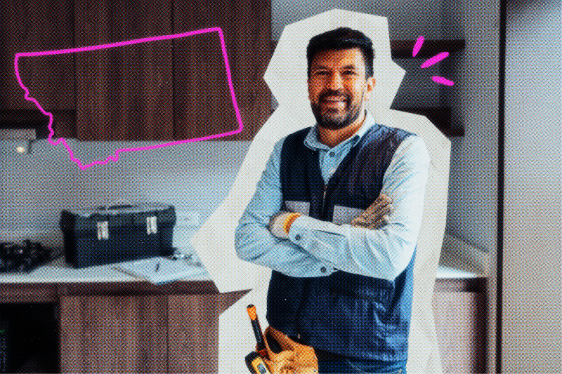 Contractor in a kitchen next to an outline of the state of Montana