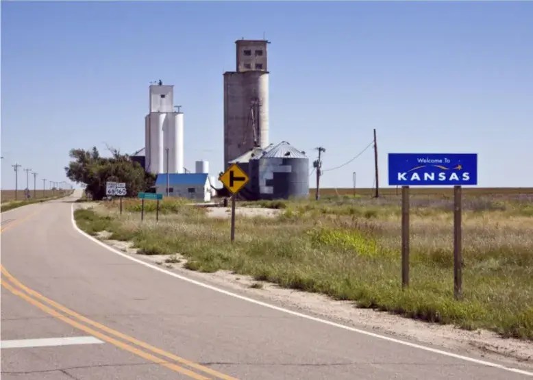 view from the road of a silo in Kansas 