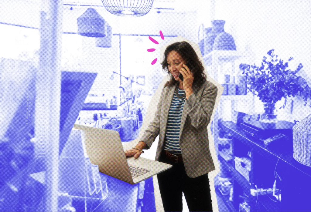 Business owner checking out Facebook on a laptop.