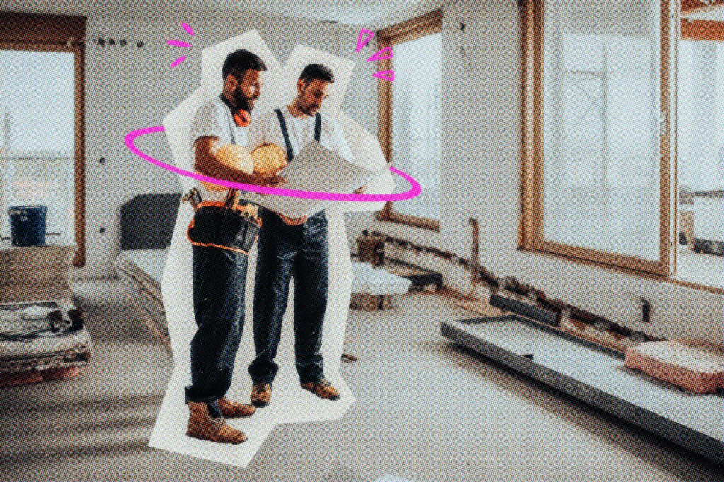 Two self employed contractors who have workers’ comp insurance are reviewing a plan onsite