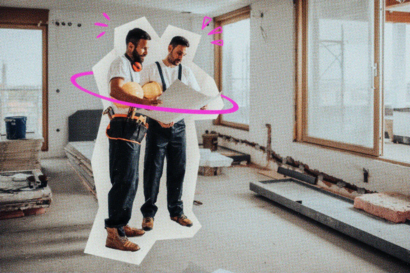 Two self employed contractors who have workers’ comp insurance are reviewing a plan onsite
