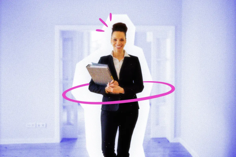 Happy real estate agent with a clip board standing in front of a property