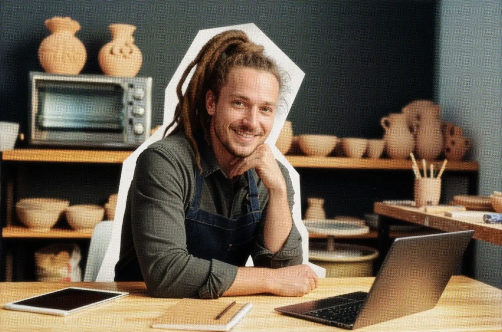 solopreneur in workshop smiling with laptop