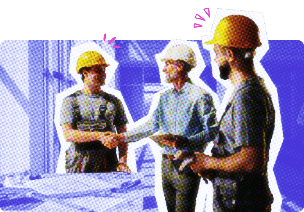 Three contractors greeting each other.