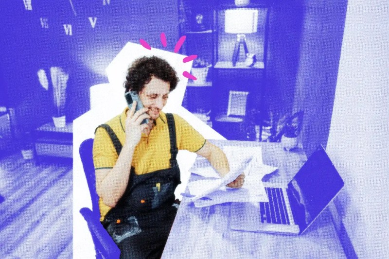 Handyman at computer doing their taxes.