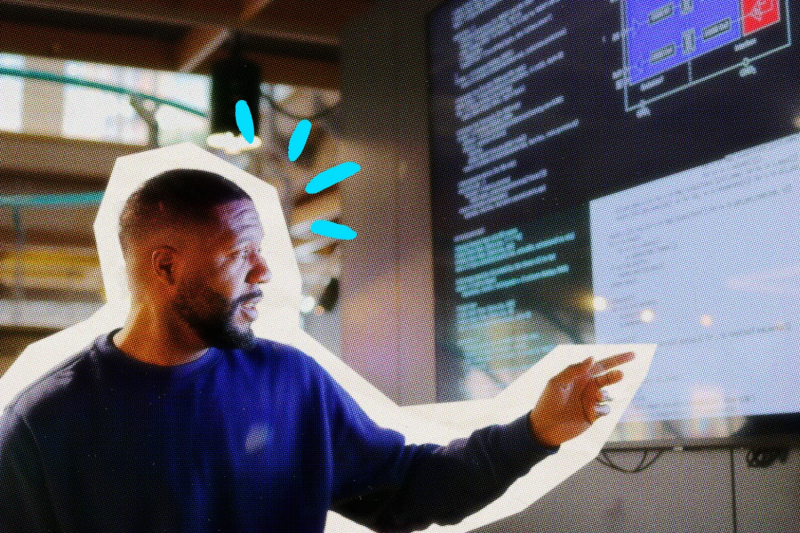Business owner interacting with a video screen