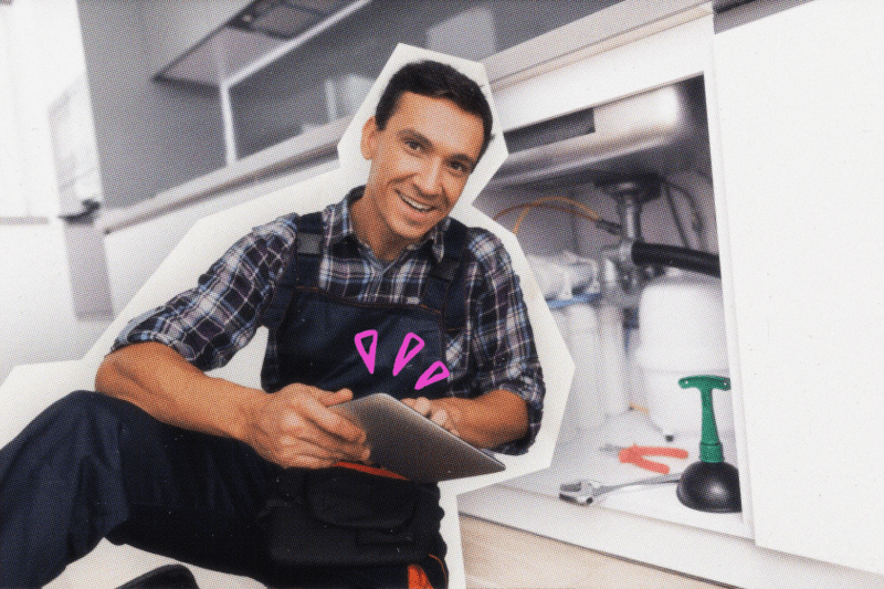 A plumber using a tablet device.