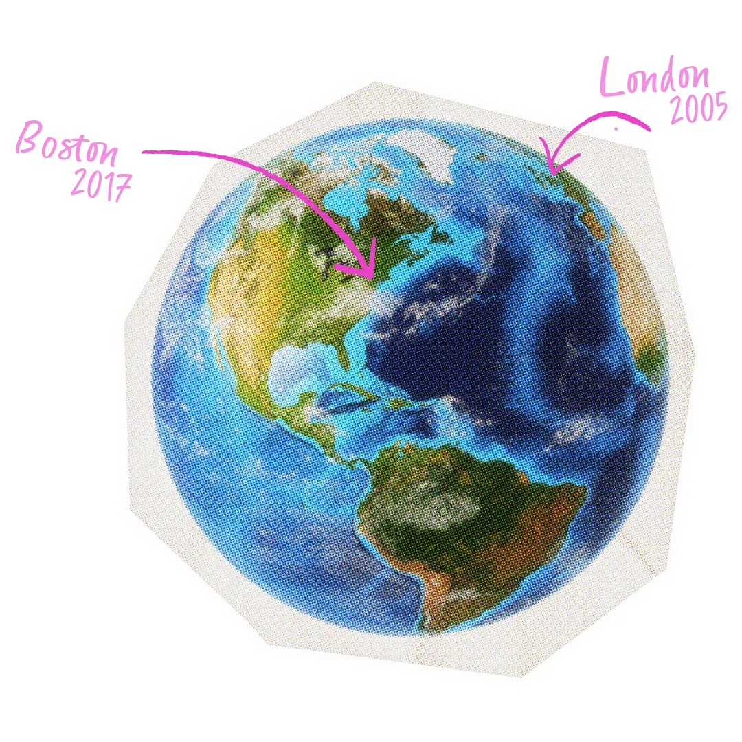 A globe marking Simply Business's locations in Boston and London