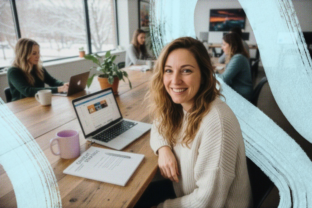 Small business owner sitting at a table working on her laptop.