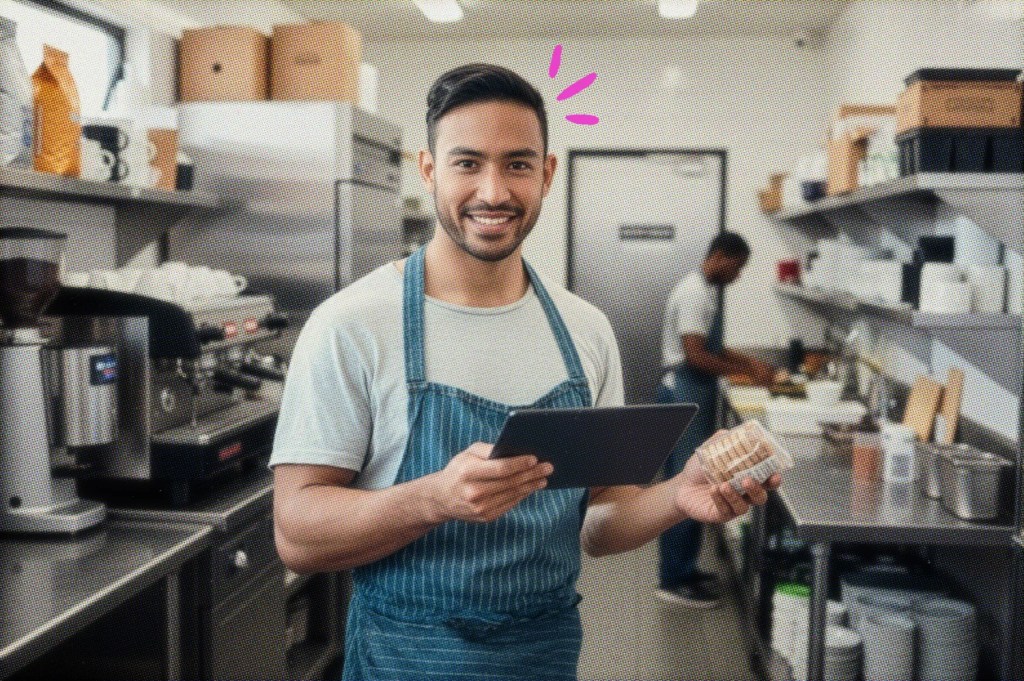 Food worker holding a tablet in a kitchen
