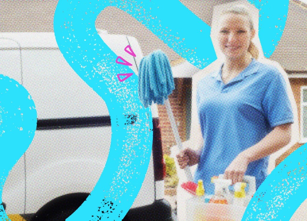 A cleaner carrying cleaning equipment