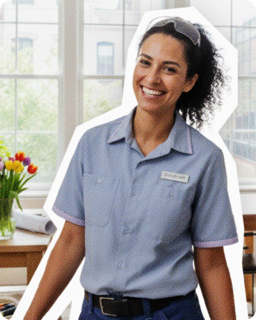 Smiling woman in a blue work shirt