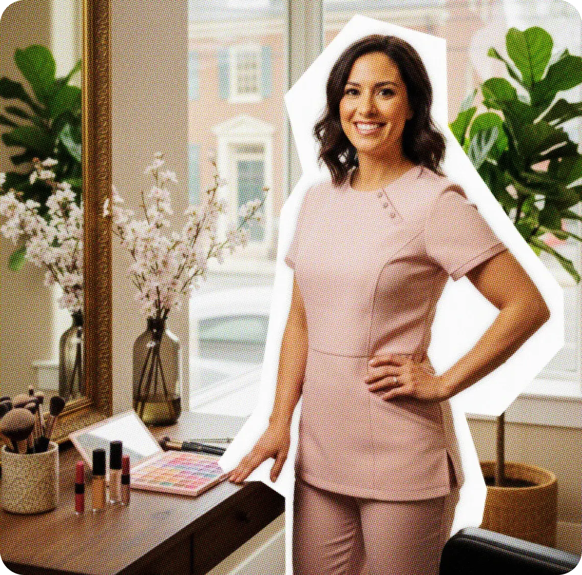 A cosmetologist with a kit of makeup.