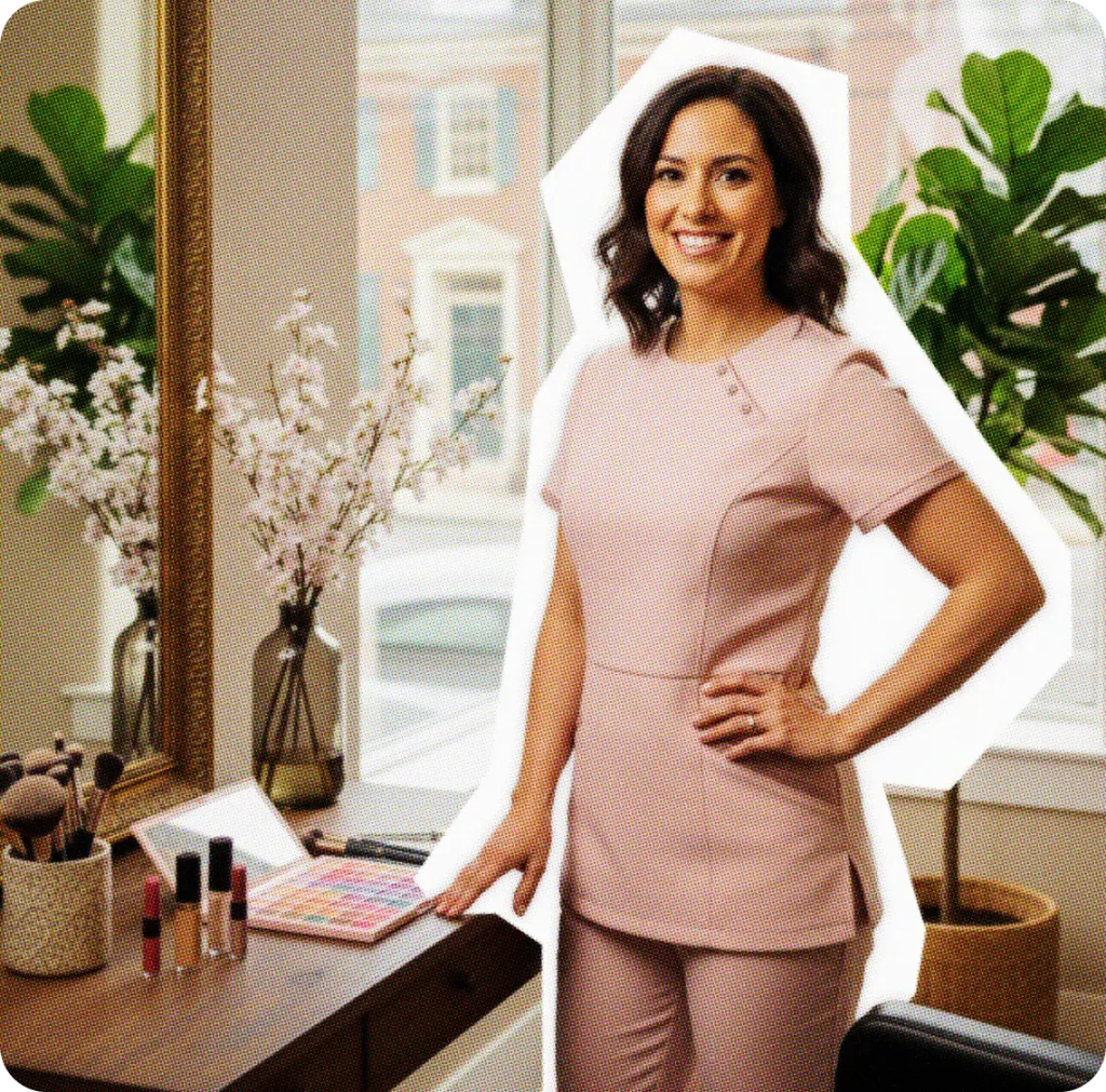 A cosmetologist with a kit of makeup.