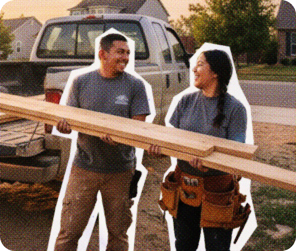 Two carpenters carrying wood