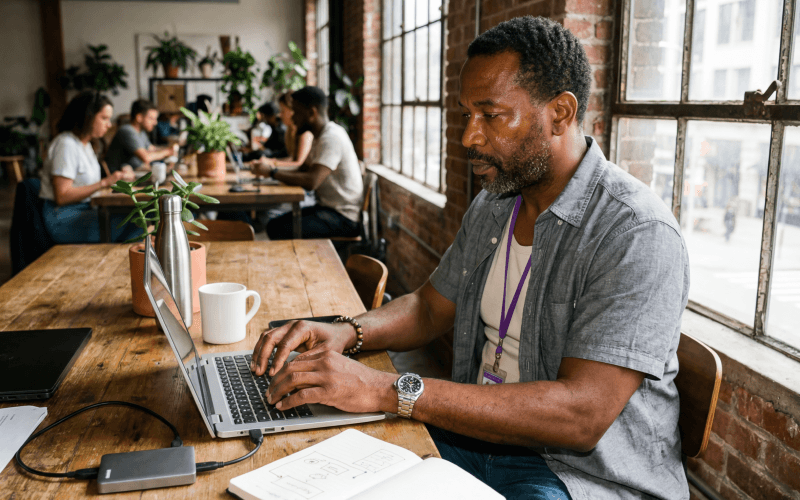 Focused IT professional working in an open office environment