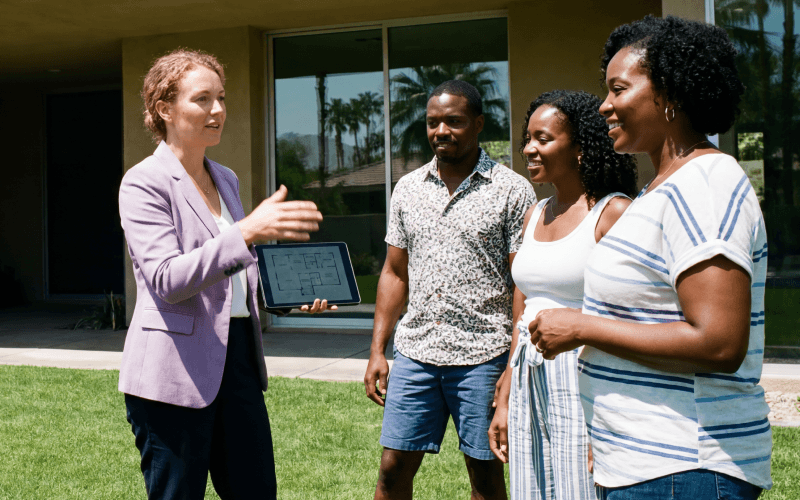 Real Estate Agent outside going over floor plans with a happy family