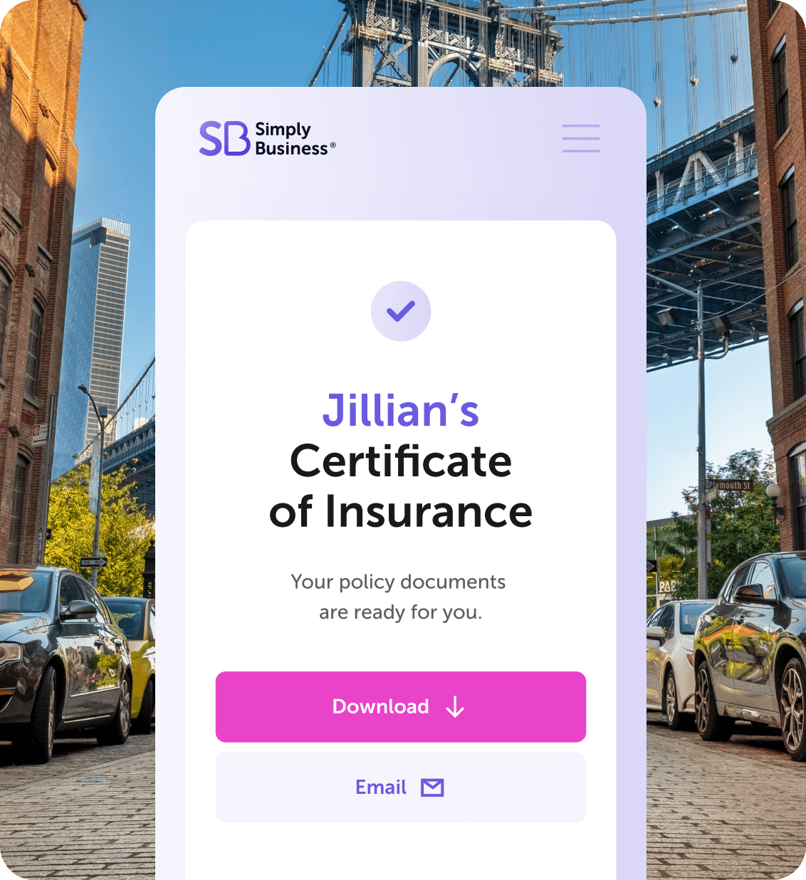 Image of a phone showing Jillian's Certificate of Insurance, the background is the Brooklyn Bridge in New York.